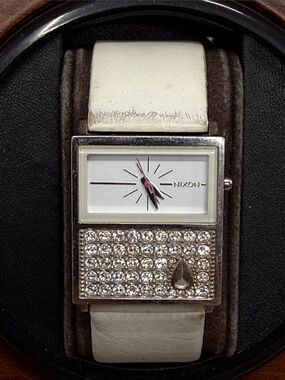 Nixon White Leather Strap Crystal Accent Rectangular Watch with Pink Hands